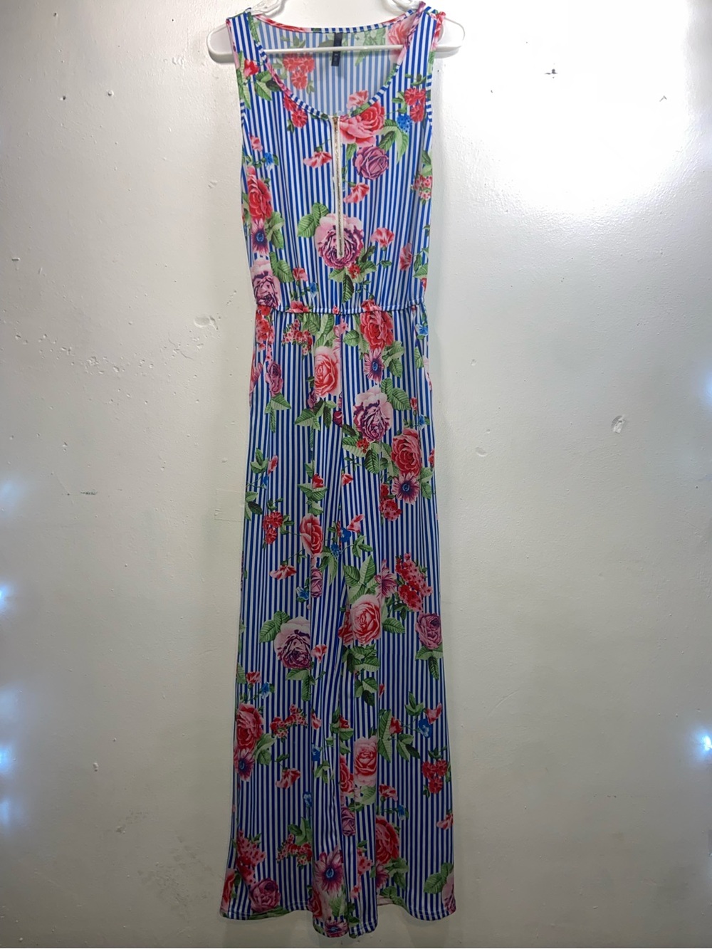 Me 2 Magic‎ Southern Prep Maximalist Chintz Blue & White Striped Floral Jumpsuit